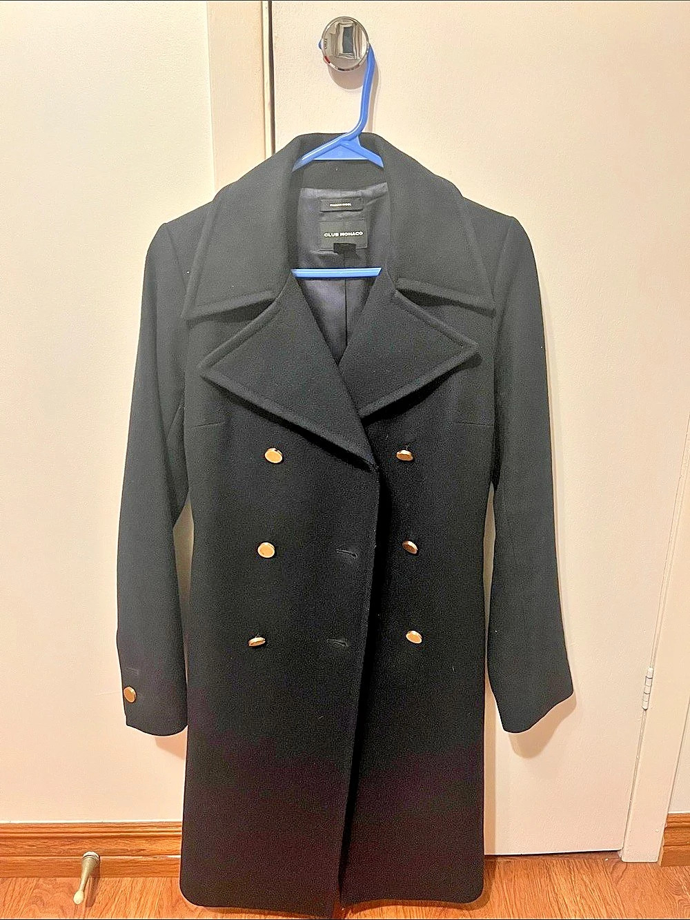 Club Monaco Italian Wool Double Breasted Military Coat with Chain Detail Size Sm